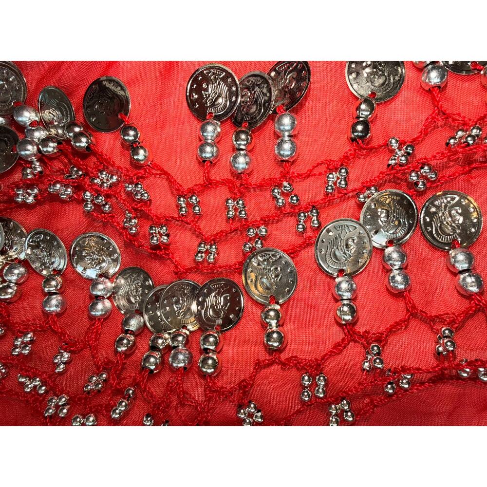 Red Belly Dance Hip Scarf Coin Wrap Sheer Chiffon Silver Tone Coins Used - Picture 7 of 16